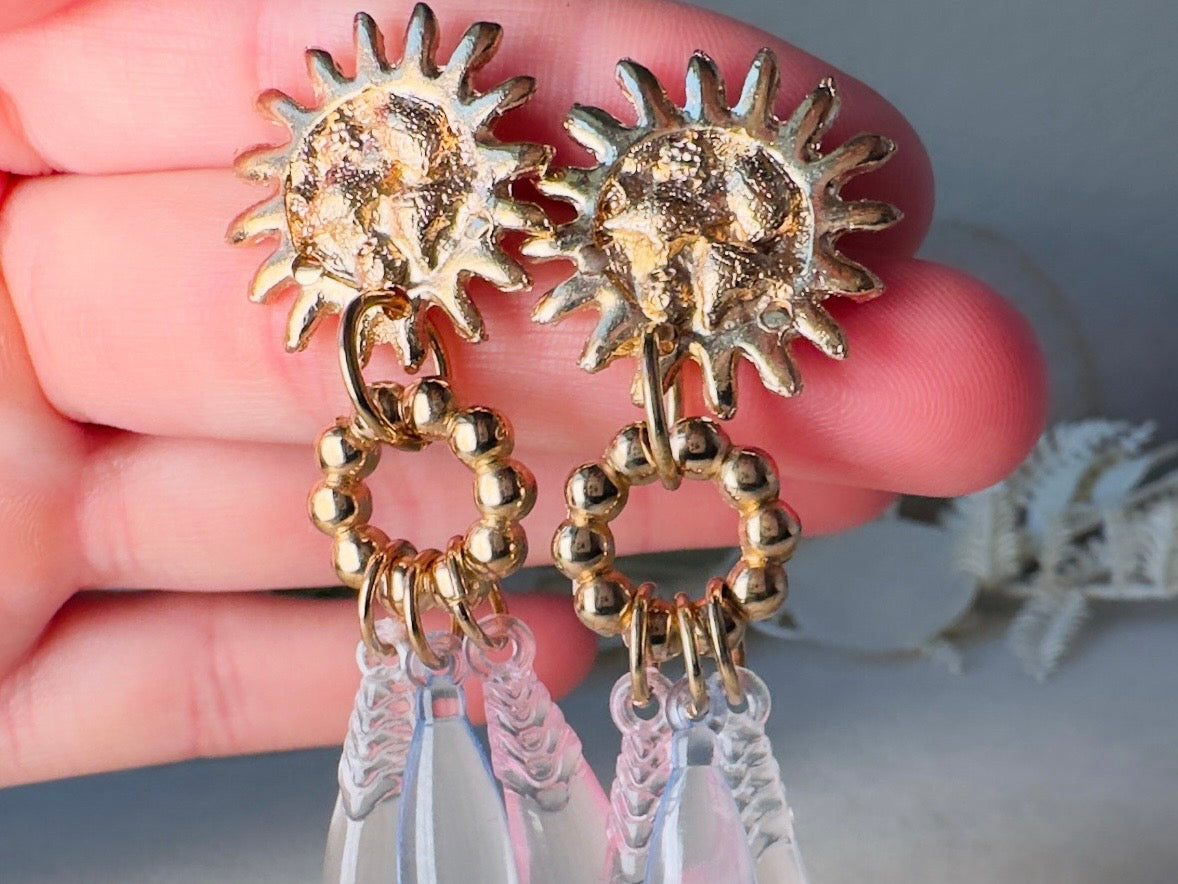 Celestial Sun Earrings, Vintage Whimsigoth Gold Charm Earrings with Pink Blue and Clear Teardrops