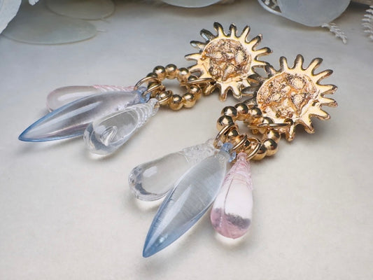 Celestial Sun Earrings, Vintage Whimsigoth Gold Charm Earrings with Pink Blue and Clear Teardops