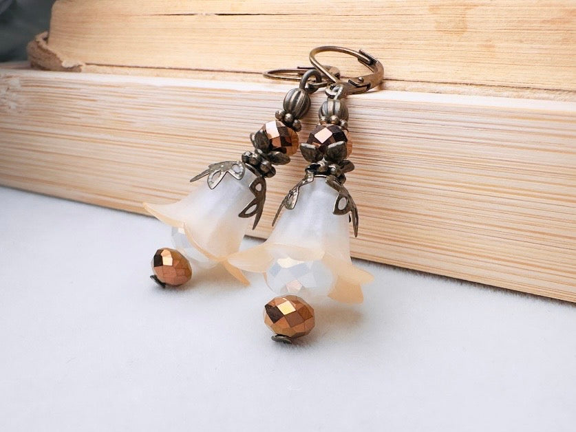 Champagne Flower Earrings, Whimsical Handmade Lily Dangle Earrings with Antique Bronze and Crystals