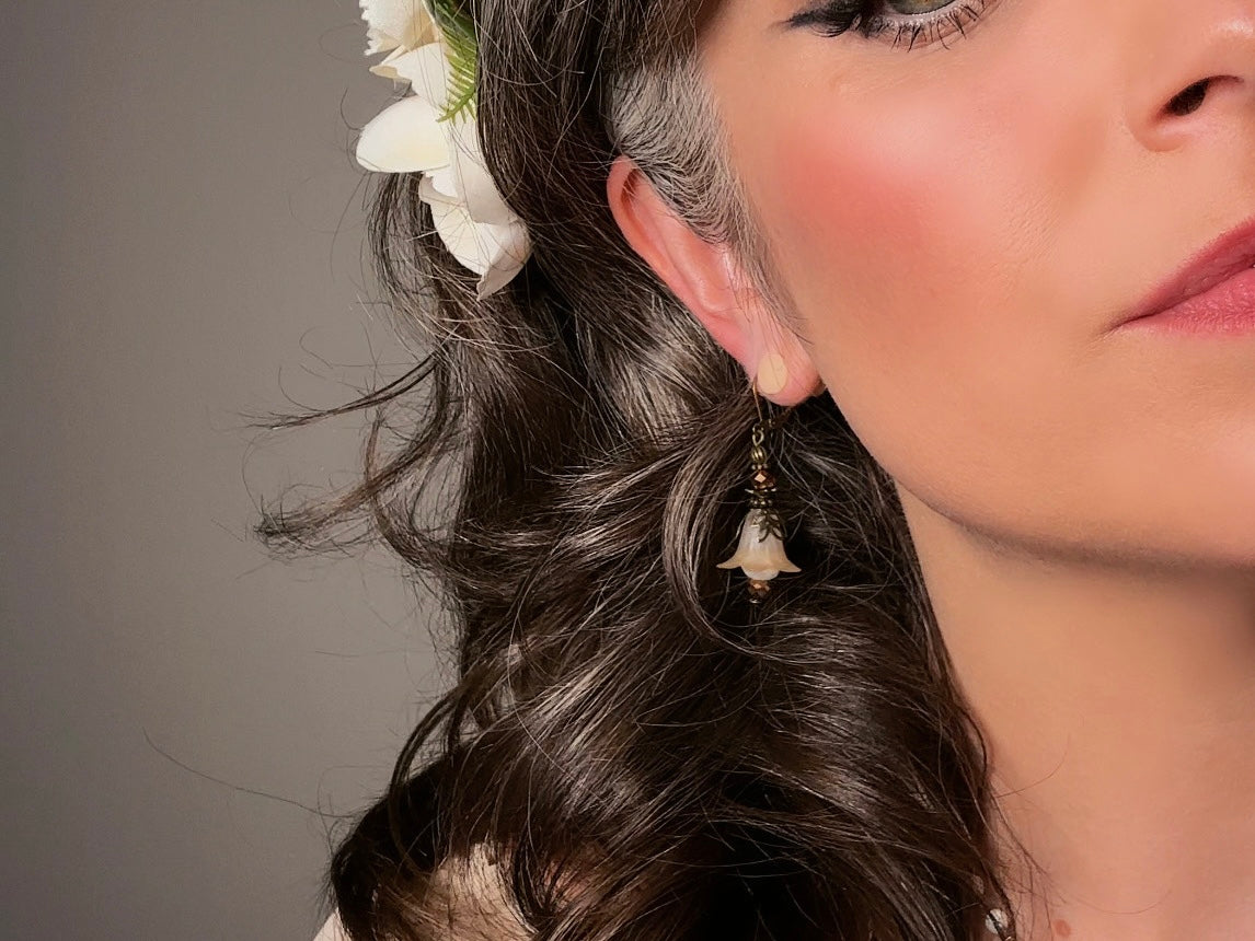 Champagne Flower Earrings, Whimsical Handmade Lily Dangle Earrings with Antique Bronze and Crystals