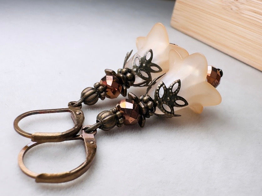 Champagne Flower Earrings, Whimsical Handmade Lily Dangle Earrings with Antique Bronze and Crystals