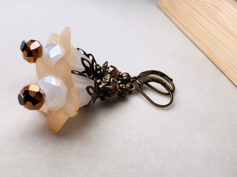 Champagne Flower Earrings, Whimsical Handmade Lily Dangle Earrings with Antique Bronze and Crystals