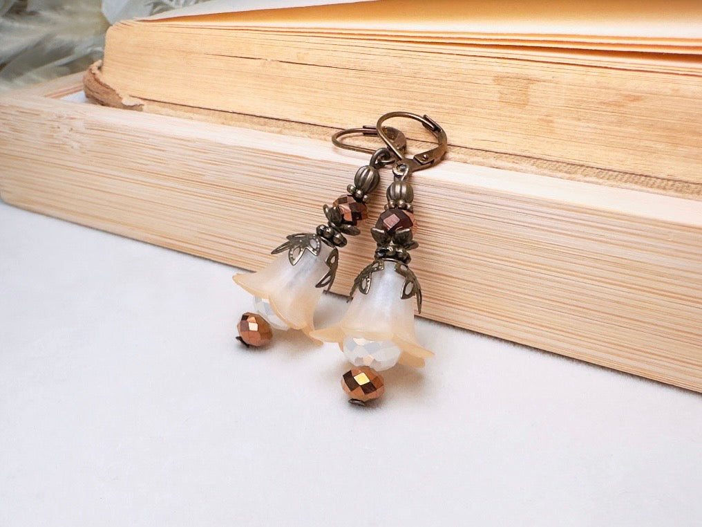 Champagne Flower Earrings, Whimsical Handmade Lily Dangle Earrings with Antique Bronze and Crystals