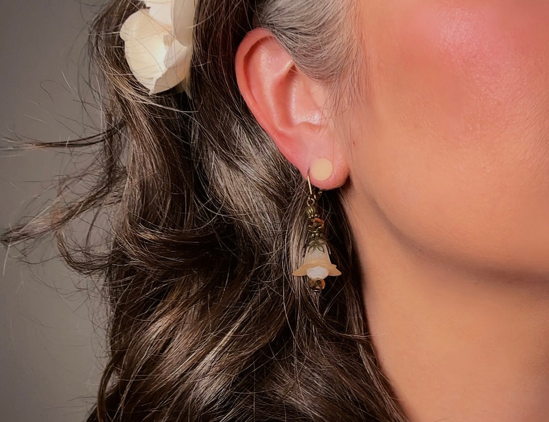 Champagne Flower Earrings, Whimsical Handmade Lily Dangle Earrings with Antique Bronze and Crystals