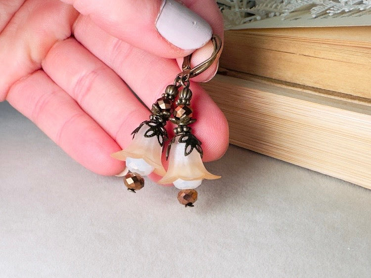 Champagne Flower Earrings, Whimsical Handmade Lily Dangle Earrings with Antique Bronze and Crystals