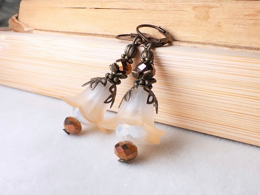 Champagne Flower Earrings, Whimsical Handmade Lily Dangle Earrings with Antique Bronze and Crystals
