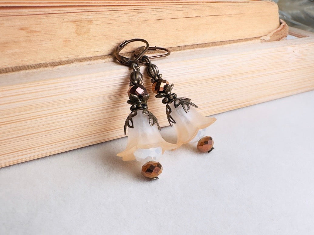 Champagne Flower Earrings, Whimsical Handmade Lily Dangle Earrings with Antique Bronze and Crystals