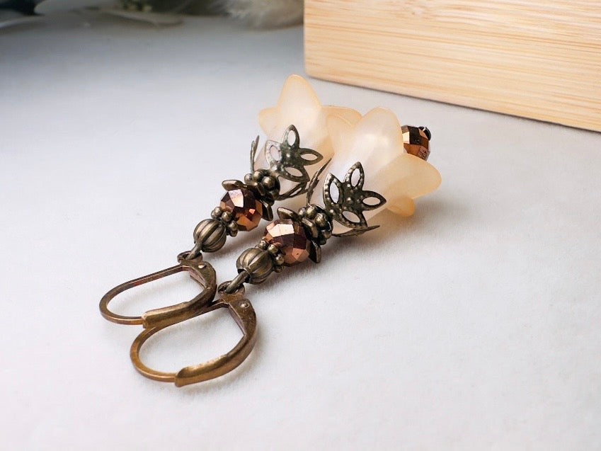 Champagne Flower Earrings, Whimsical Handmade Lily Dangle Earrings with Antique Bronze and Crystals