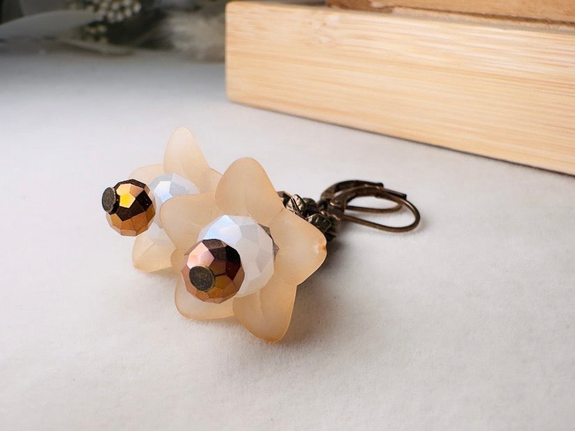 Champagne Flower Earrings, Whimsical Handmade Lily Dangle Earrings with Antique Bronze and Crystals