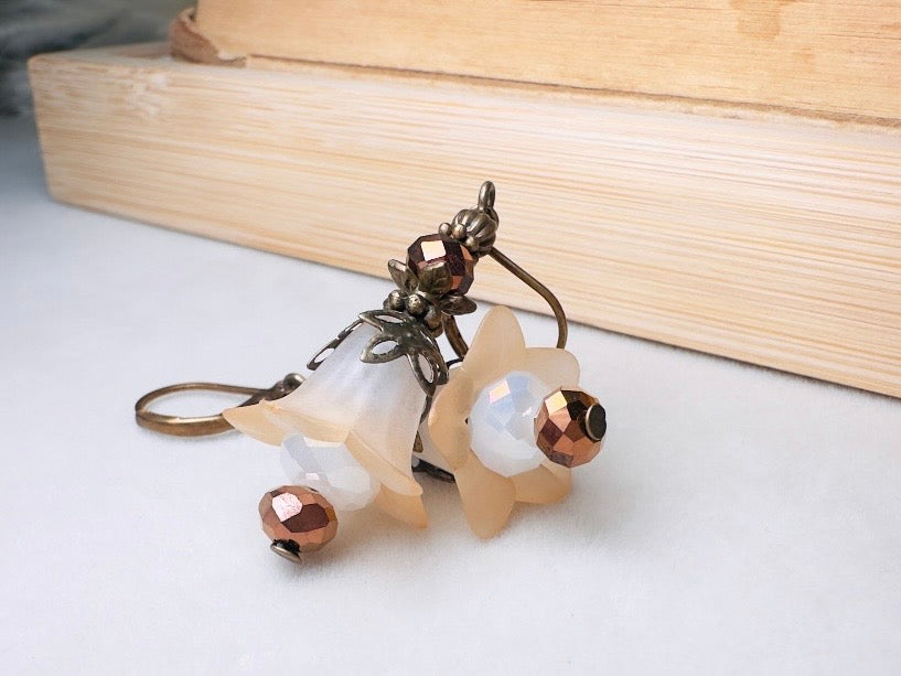 Champagne Flower Earrings, Whimsical Handmade Lily Dangle Earrings with Antique Bronze and Crystals