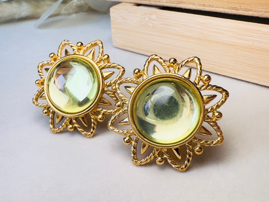 Chartreuse Celestial Earrings, Vintage Signed Trifari Jelly Belly Sun Earrings, Green and Gold Moonglow Domed Glass Clip On Earrings