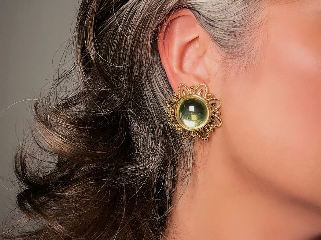 Chartreuse Celestial Earrings, Vintage Signed Trifari Jelly Belly Sun Earrings, Green and Gold Moonglow Domed Glass Clip On Earrings