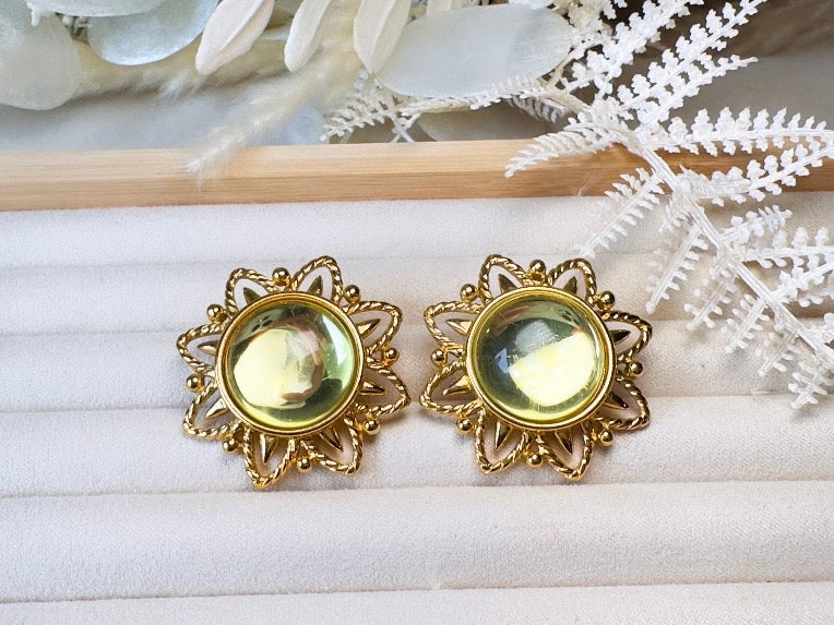 Chartreuse Celestial Earrings, Vintage Signed Trifari Jelly Belly Sun Earrings, Green and Gold Moonglow Domed Glass Clip On Earrings