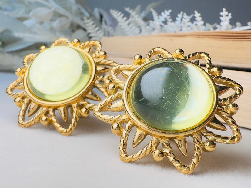 Chartreuse Celestial Earrings, Vintage Signed Trifari Jelly Belly Sun Earrings, Green and Gold Moonglow Domed Glass Clip On Earrings