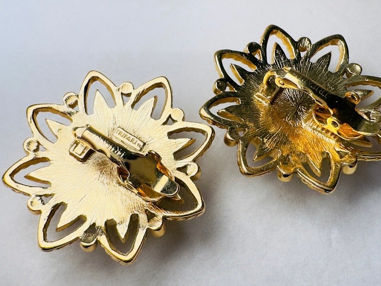 Chartreuse Celestial Earrings, Vintage Signed Trifari Jelly Belly Sun Earrings, Green and Gold Moonglow Domed Glass Clip On Earrings