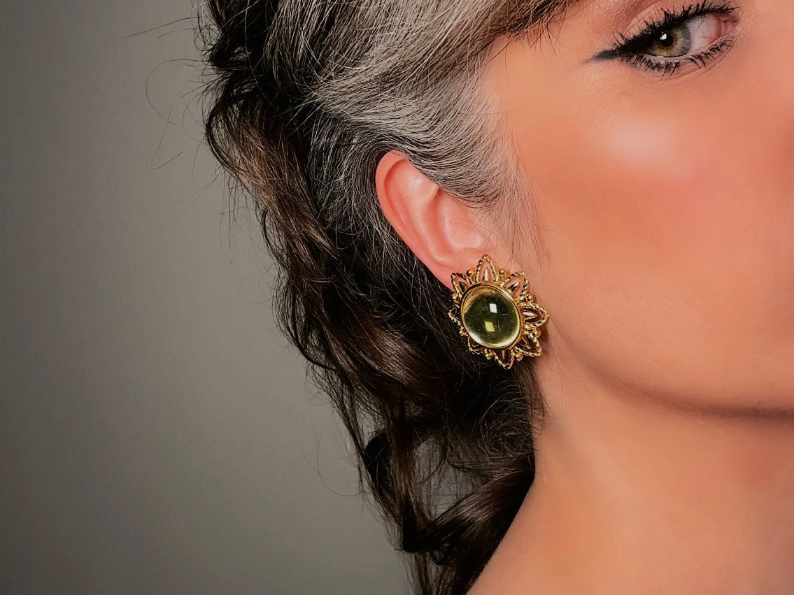 Chartreuse Celestial Earrings, Vintage Signed Trifari Jelly Belly Sun Earrings, Green and Gold Moonglow Domed Glass Clip On Earrings