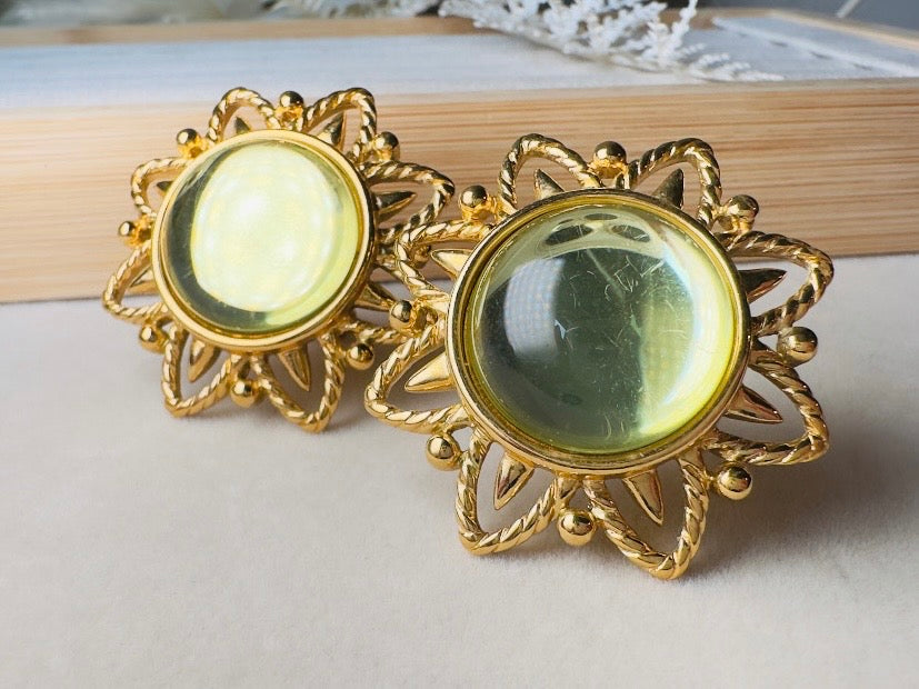 Chartreuse Celestial Earrings, Vintage Signed Trifari Jelly Belly Sun Earrings, Green and Gold Moonglow Domed Glass Clip On Earrings
