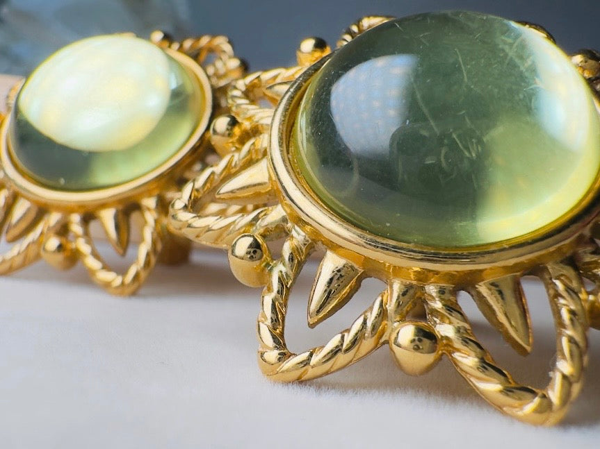 Chartreuse Celestial Earrings, Vintage Signed Trifari Jelly Belly Sun Earrings, Green and Gold Moonglow Domed Glass Clip On Earrings