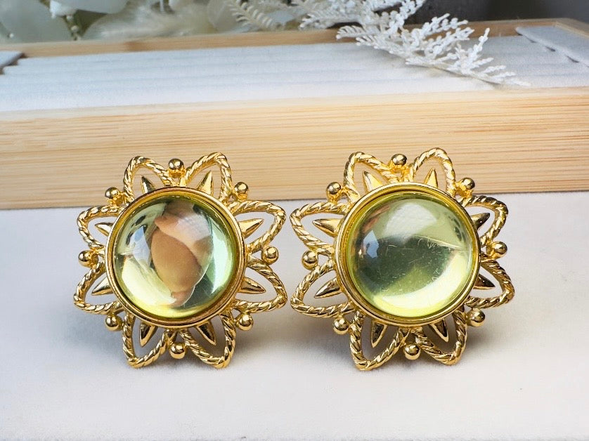 Chartreuse Celestial Earrings, Vintage Signed Trifari Jelly Belly Sun Earrings, Green and Gold Moonglow Domed Glass Clip On Earrings