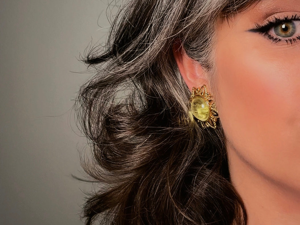 Chartreuse Celestial Earrings, Vintage Signed Trifari Jelly Belly Sun Earrings, Green and Gold Moonglow Domed Glass Clip On Earrings