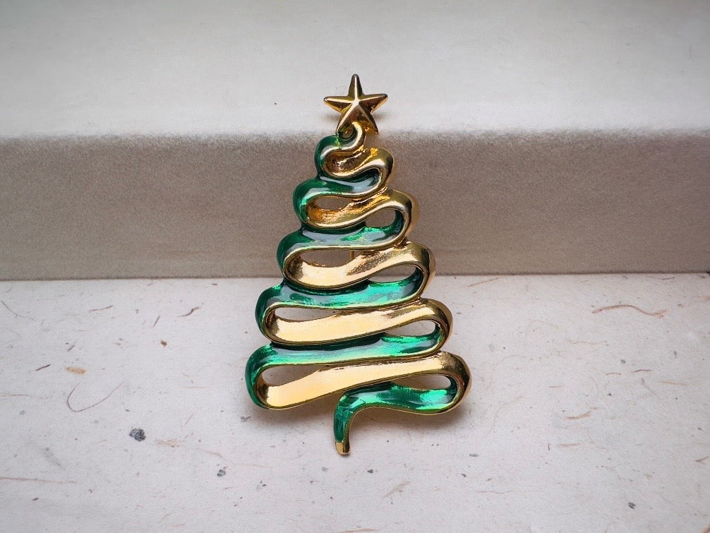 Christmas Tree Brooch, Vintage Green Enamel Ribbon Pin, Danecraft Holiday Sweater Pin with Star