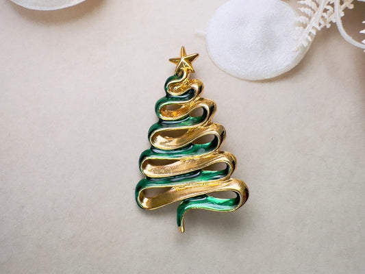 Christmas Tree Brooch, Vintage Green Enamel Ribbon Pin, Danecraft Holiday Sweater Pin with Star