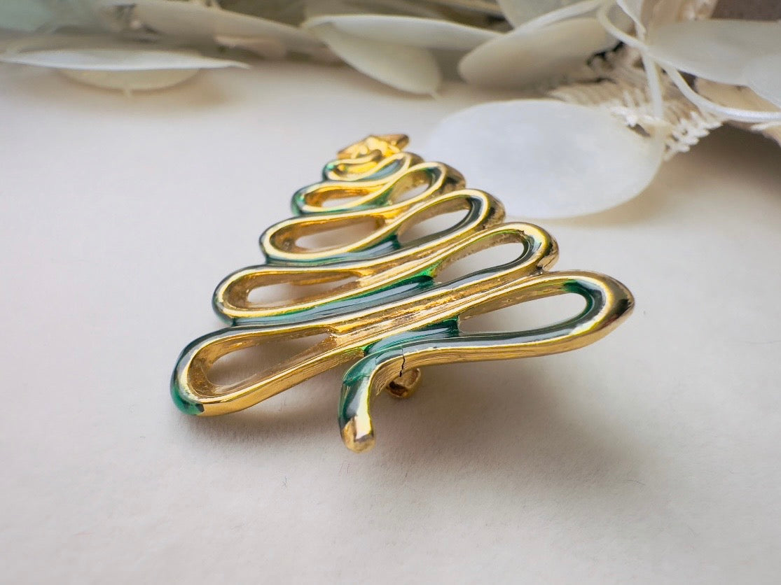 Christmas Tree Brooch, Vintage Green Enamel Ribbon Pin, Danecraft Holiday Sweater Pin with Star