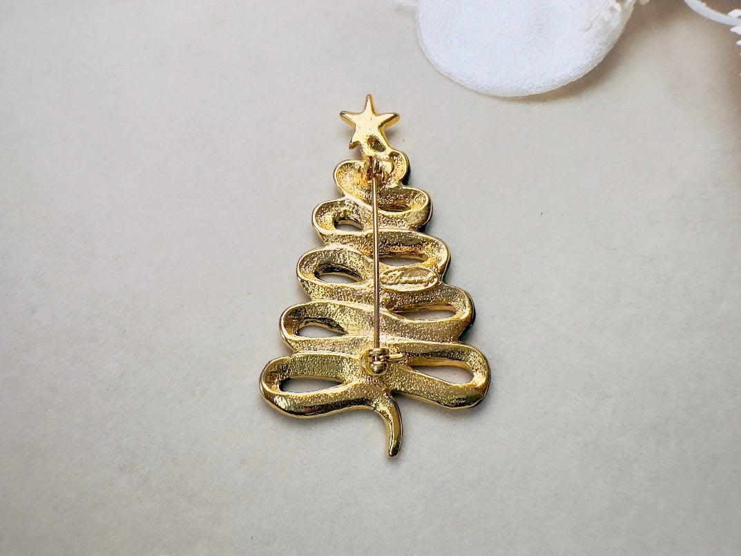 Christmas Tree Brooch, Vintage Green Enamel Ribbon Pin, Danecraft Holiday Sweater Pin with Star