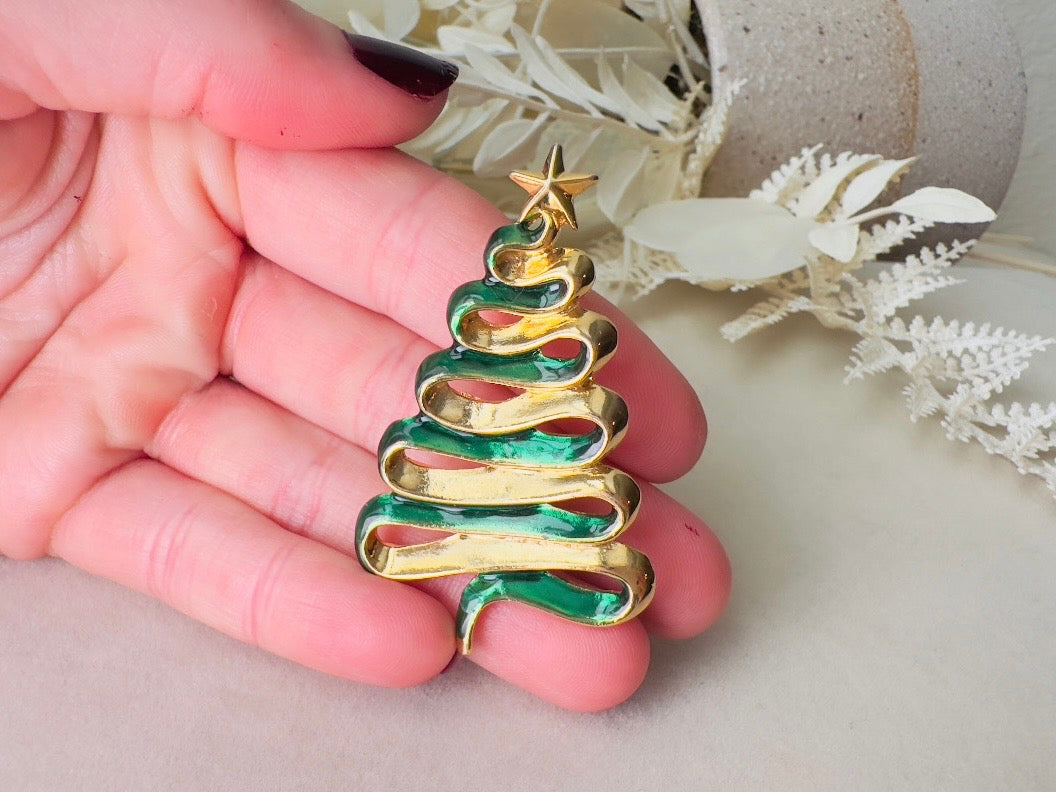 Christmas Tree Brooch, Vintage Green Enamel Ribbon Pin, Danecraft Holiday Sweater Pin with Star