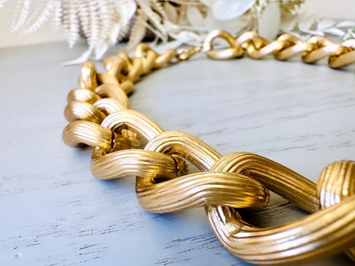 Chunky Gold Chain Necklace, Thick Gold Curb Link Vintage Necklace, 80s Gold Choker, High Fashion Runway Textured Gold Link Collar Necklace from Piggle and Pop