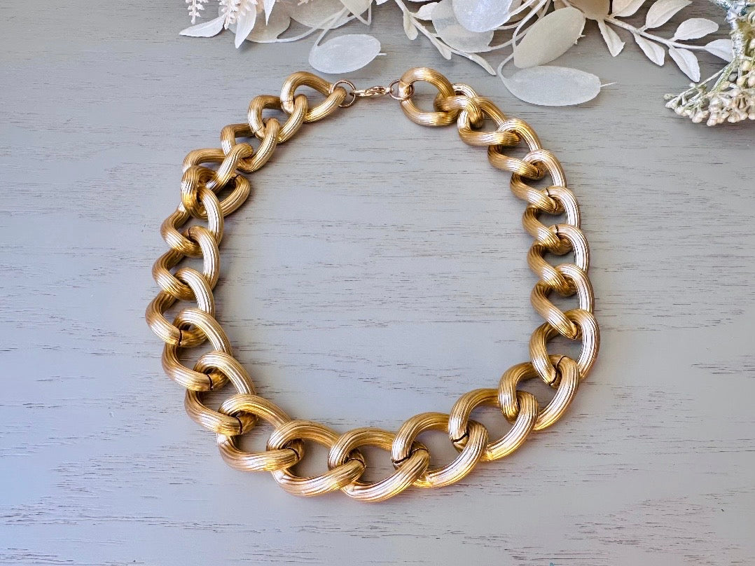 Chunky Gold Chain Necklace, Thick Gold Curb Link Vintage Necklace, 80s Gold Choker, High Fashion Runway Textured Gold Link Collar Necklace from Piggle and Pop