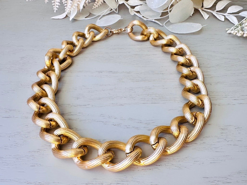 Chunky Gold Chain Necklace, Thick Gold Curb Link Vintage Necklace, 80s Gold Choker, High Fashion Runway Textured Gold Link Collar Necklace from Piggle and Pop