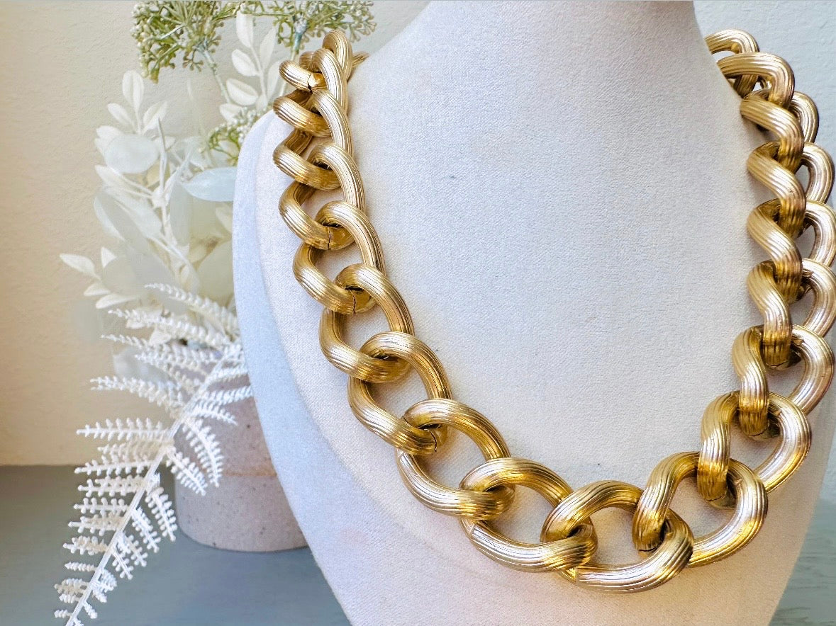 Chunky Gold Chain Necklace, Thick Gold Curb Link Vintage Necklace, 80s Gold Choker, High Fashion Runway Textured Gold Link Collar Necklace from Piggle and Pop