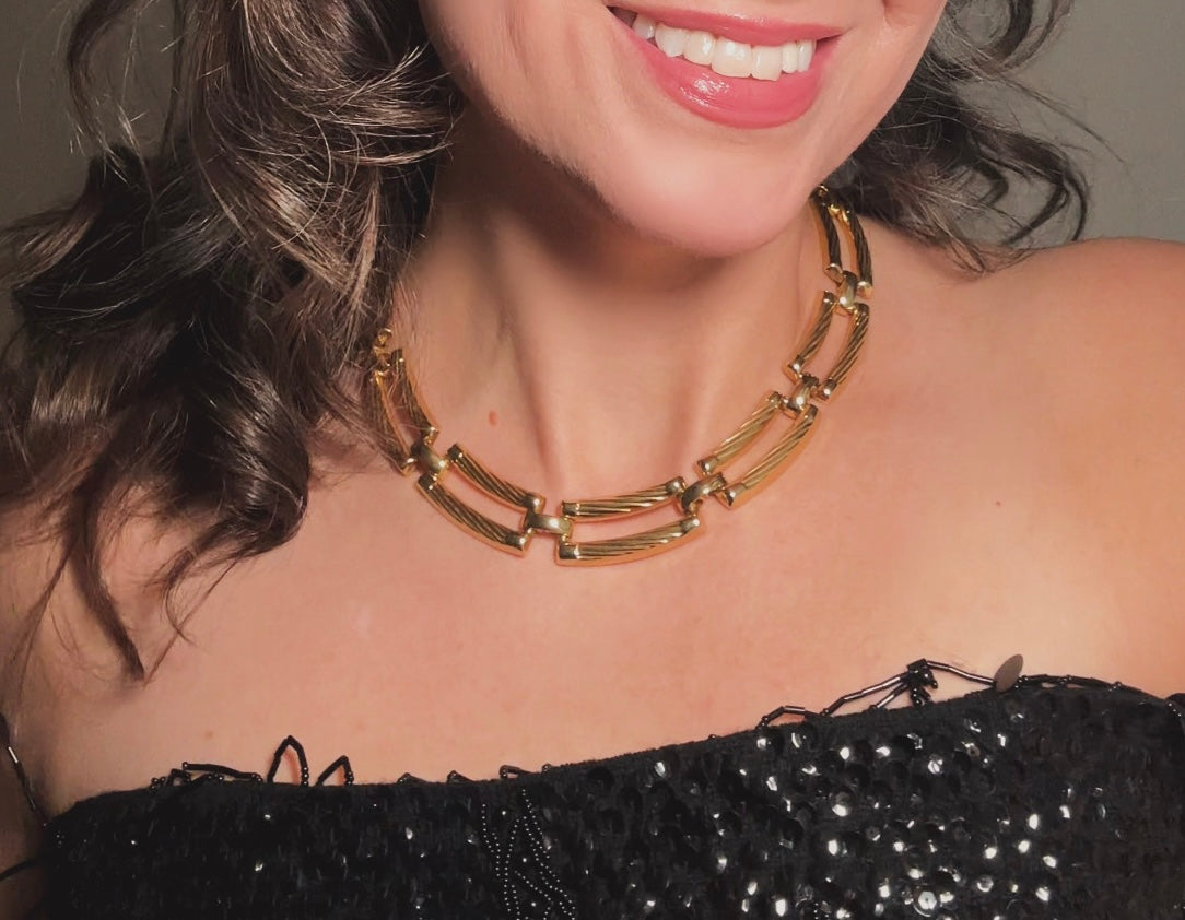 Chunky Gold Chain Necklace, Vintage Rope Link Statement Necklace, Fabulous 80s Textured Collar Necklace