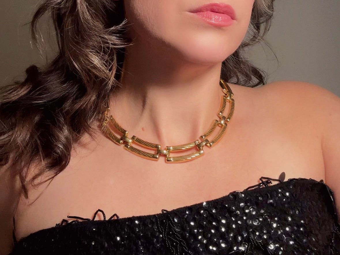 Chunky Gold Chain Necklace, Vintage Rope Link Statement Necklace, Fabulous 80s Textured Collar Necklace