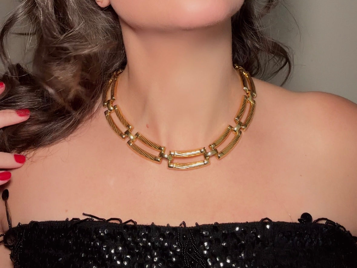 Chunky Gold Chain Necklace, Vintage Rope Link Statement Necklace, Fabulous 80s Textured Collar Necklace