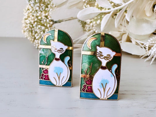 Cloisonné Cat Earrings, Gorgeous Vintage Earrings with White Cat in Windowsill with Moon, Green Clip On Earrings Nonpierced 1980s Earrings