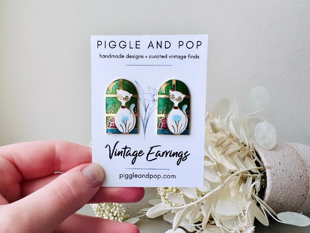 Cloisonné Cat Earrings, Gorgeous Vintage Earrings with White Cat in Windowsill with Moon, Green Clip On Earrings Nonpierced 1980s Earrings from Piggle and Pop