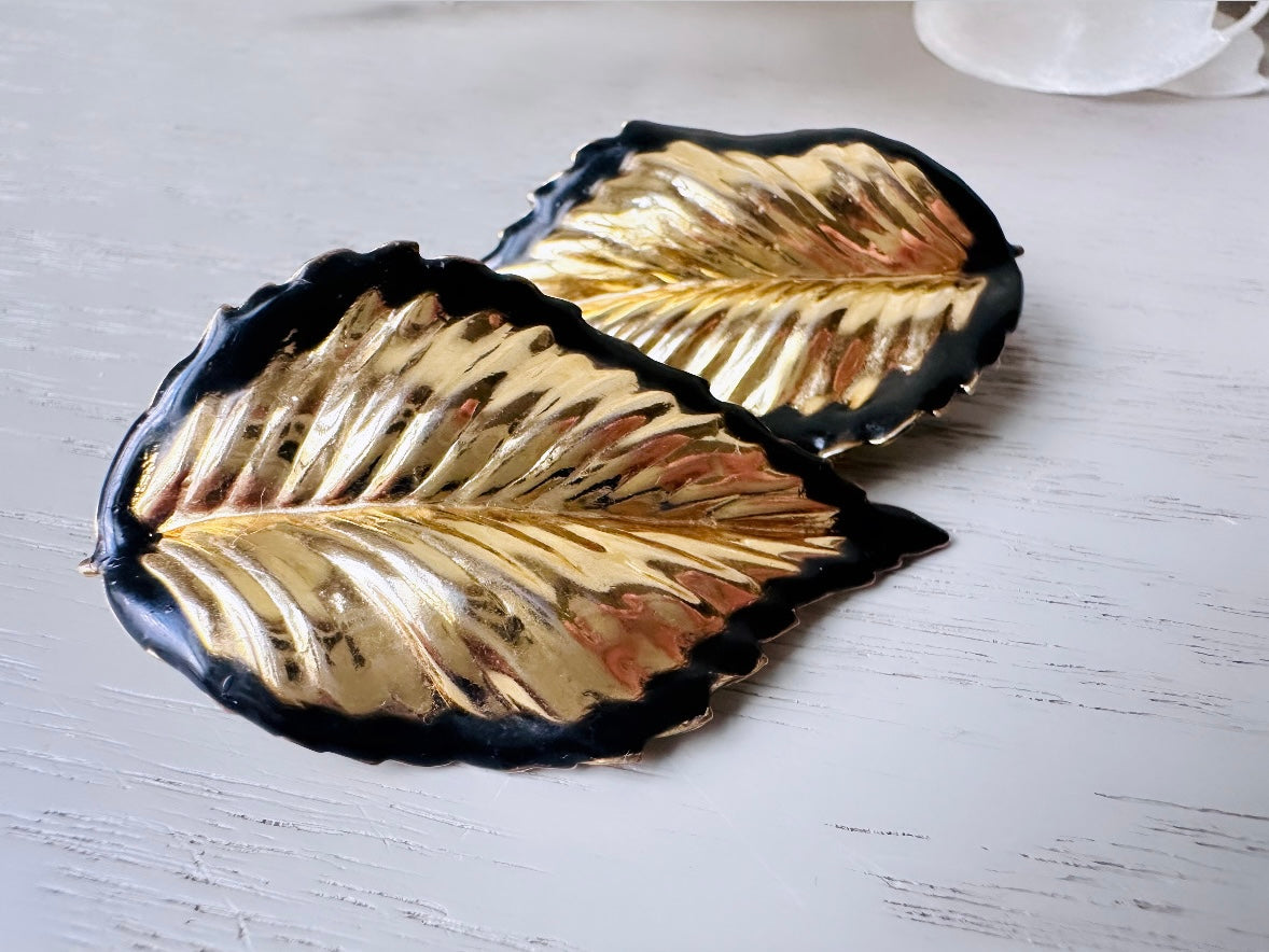 Vintage Gold Leaf Earrings with Black Enamel Tips, Gold Leaves Clip On Earrings, 1980s Statement Earring, Whimsical Clip-Ons for Non-Pierced from Piggle and Pop