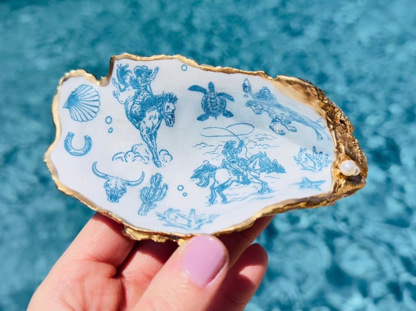 Coastal Cowgirl Oyster Shell Dishes, Handmade in Texas Western Trinket Jewelry Holder with Pearls