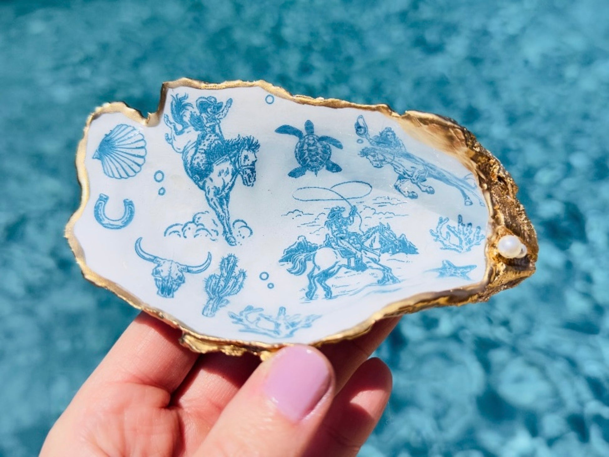 Coastal Cowgirl Oyster Shell Dishes, Handmade in Texas Western Trinket Jewelry Holder with Pearls