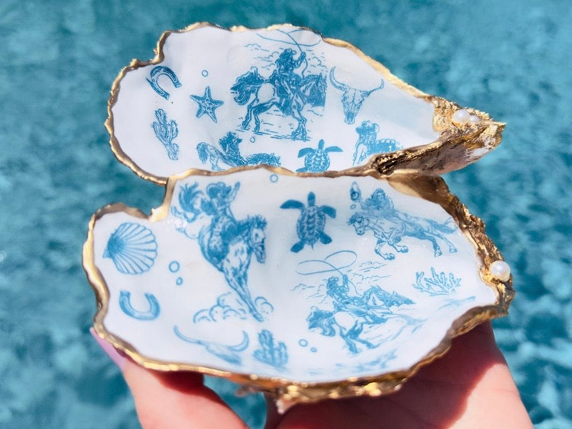 Coastal Cowgirl Oyster Shell Dishes, Handmade in Texas Western Trinket Jewelry Holder with Pearls