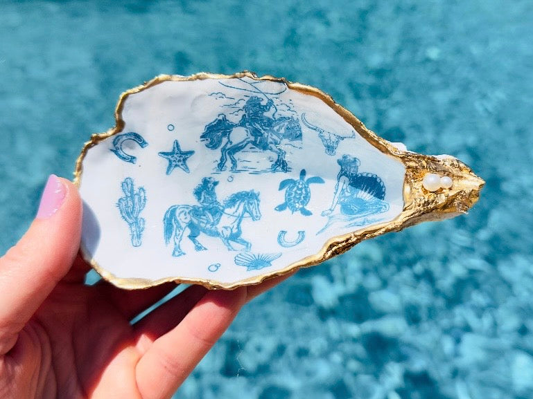 Coastal Cowgirl Oyster Shell Dishes, Handmade in Texas Western Trinket Jewelry Holder with Pearls