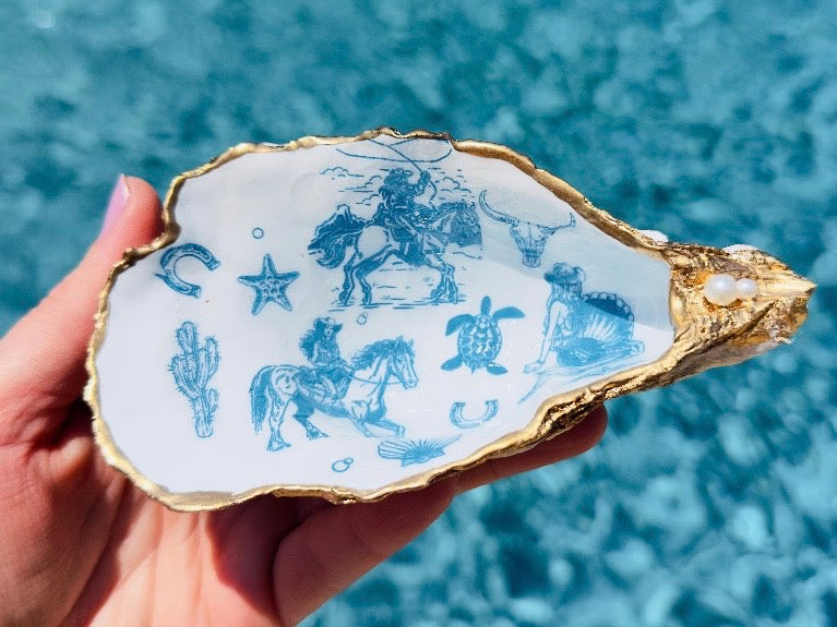 Coastal Cowgirl Oyster Shell Dishes, Handmade in Texas Western Trinket Jewelry Holder with Pearls
