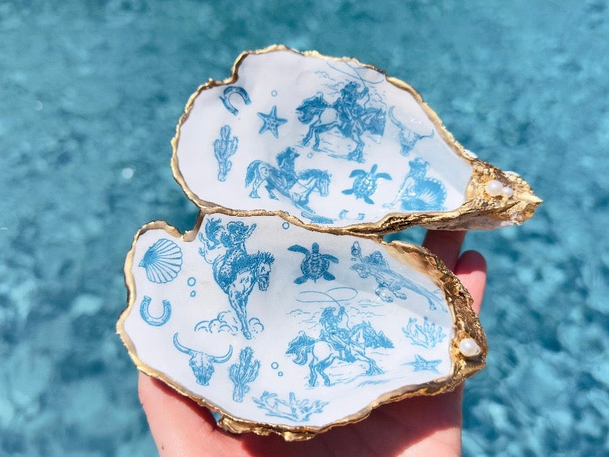 Coastal Cowgirl Oyster Shell Dishes, Handmade in Texas Western Trinket Jewelry Holder with Pearls