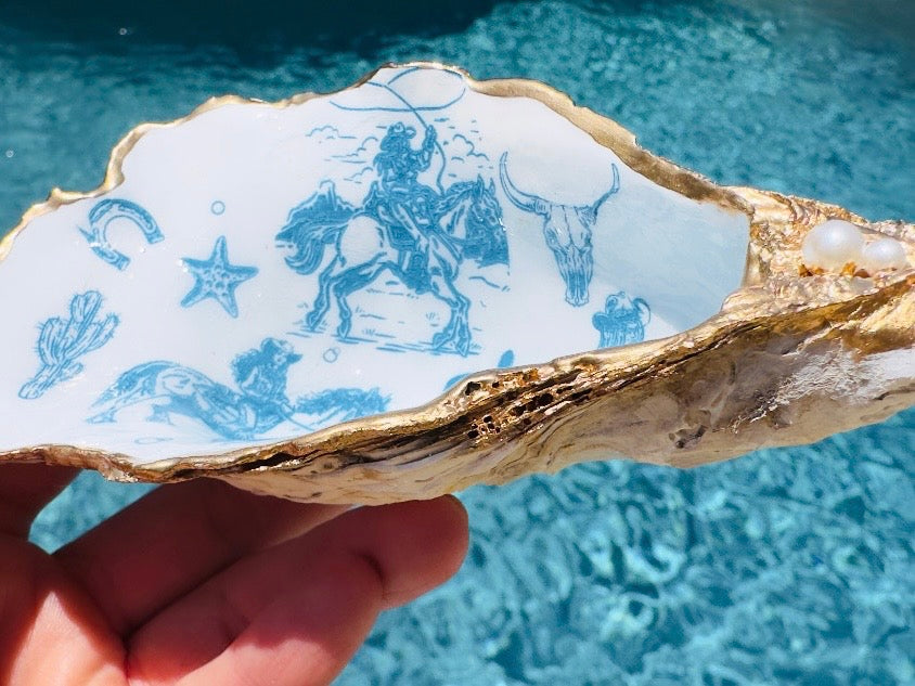 Coastal Cowgirl Oyster Shell Dishes, Handmade in Texas Western Trinket Jewelry Holder with Pearls
