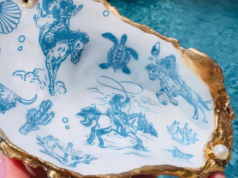 Coastal Cowgirl Oyster Shell Dishes, Handmade in Texas Western Trinket Jewelry Holder with Pearls