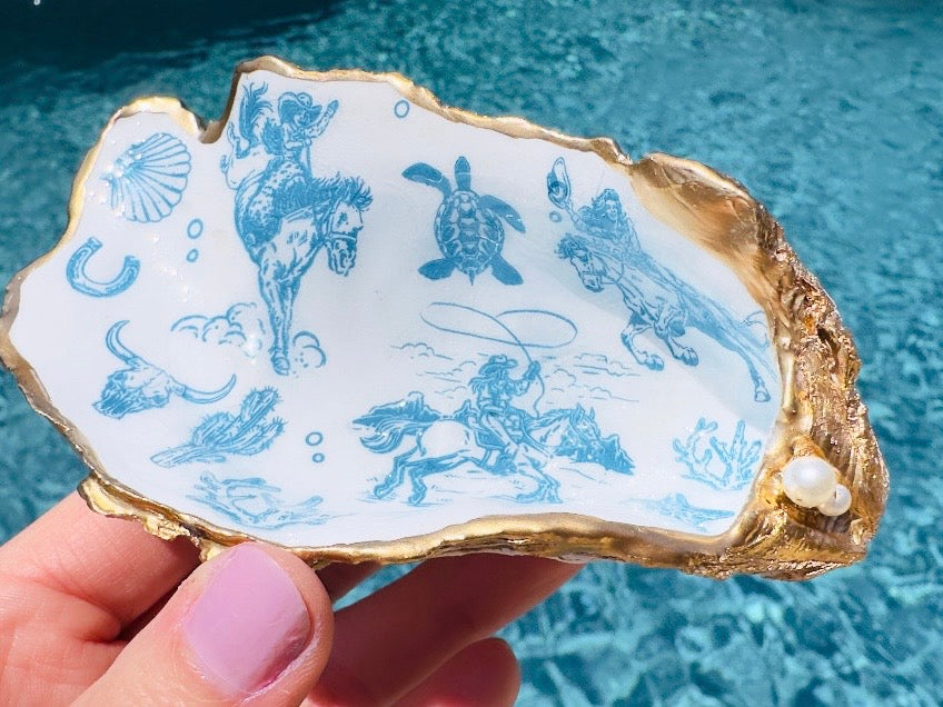 Coastal Cowgirl Oyster Shell Dishes, Handmade in Texas Western Trinket Jewelry Holder with Pearls
