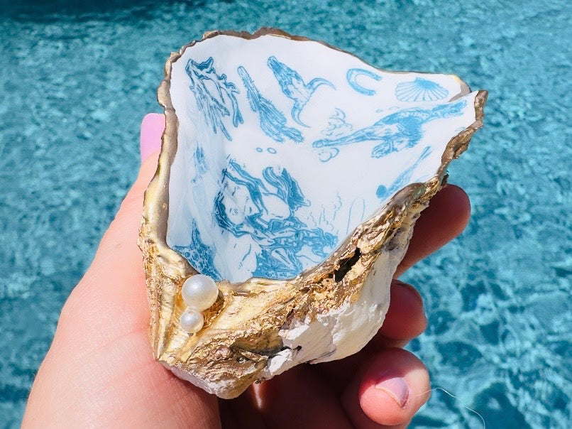Coastal Cowgirl Oyster Shell Dishes, Handmade in Texas Western Trinket Jewelry Holder with Pearls