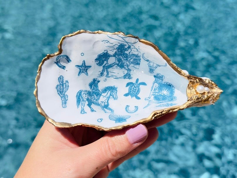 Coastal Cowgirl Oyster Shell Dishes, Handmade in Texas Western Trinket Jewelry Holder with Pearls